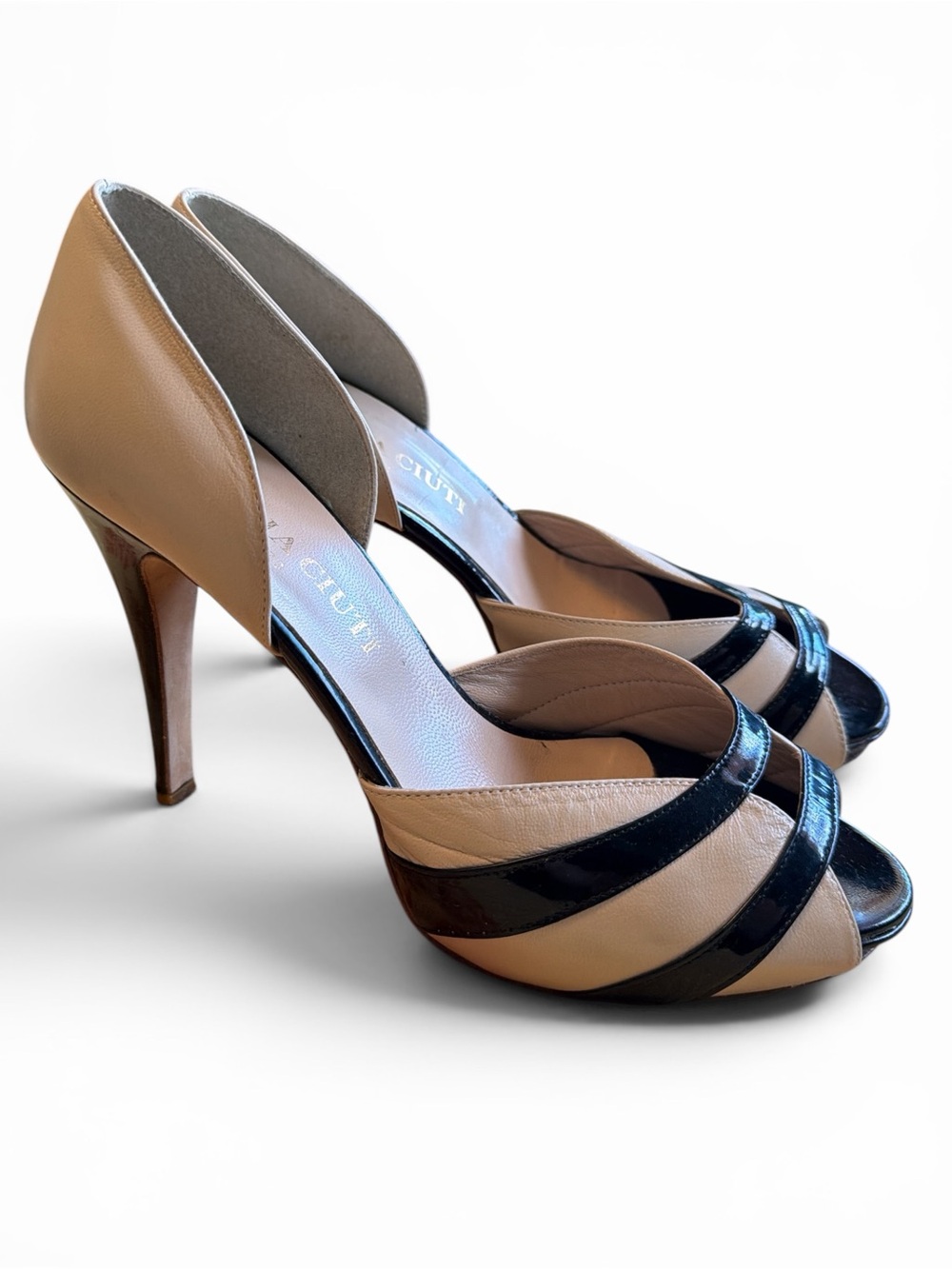 Vintage Beige and Black Peep-Toe Italian Leather Heels